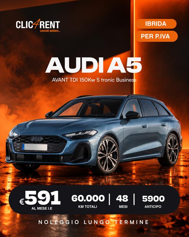 Audi A5 Avant TDI 150Kw S tronic Business — noleggio lungo termine, 591/mese, 48 mesi, alimentazione Ibrida