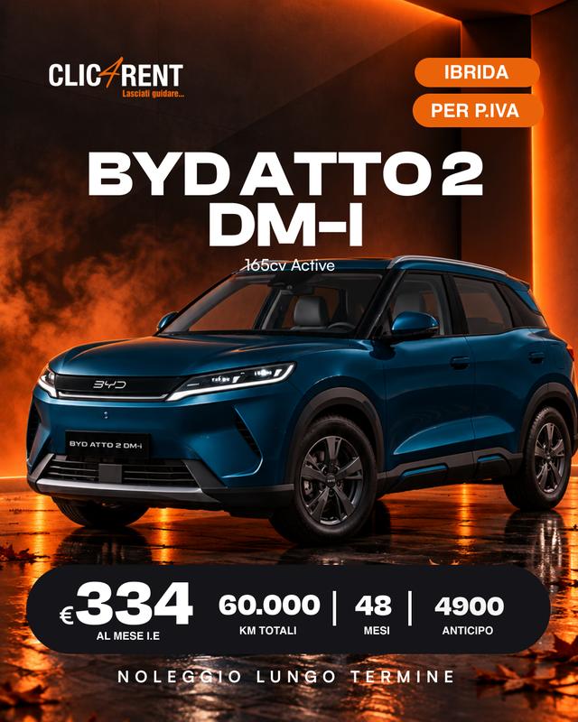 BYD Atto 2 DM-i 165cv Active — noleggio lungo termine, 334/mese, 48 mesi, alimentazione Ibrida