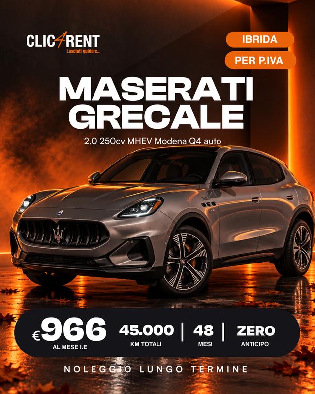 Maserati Grecale 2.0 250cv MHEV Modena Q4 auto — noleggio lungo termine, 966/mese, 48 mesi, alimentazione Ibrida