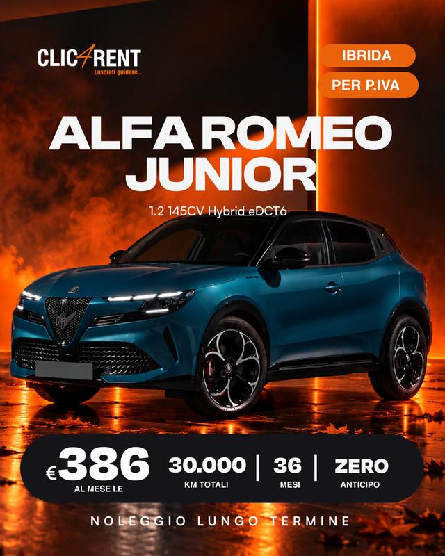 Alfa Romeo Junior 1.2 145CV Hybrid eDCT6 — noleggio lungo termine, 386/mese, 36 mesi, alimentazione Ibrida