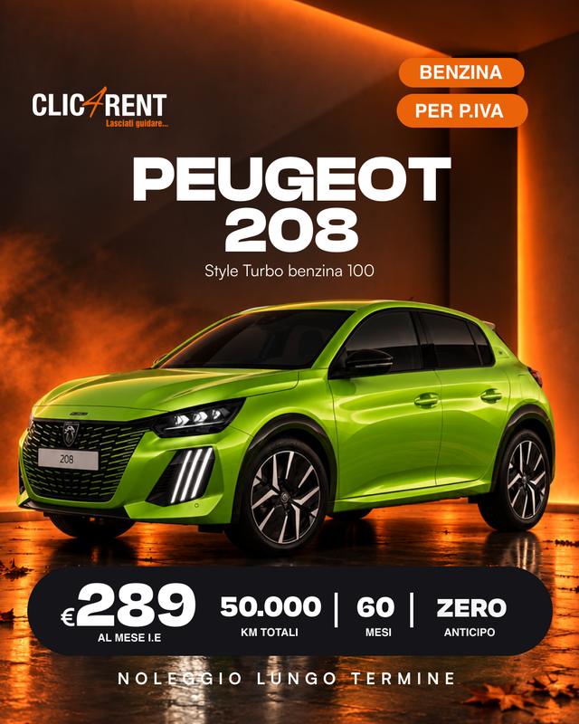 Peugeot 208 Style Turbo benzina 100 — noleggio lungo termine, 289/mese, 60 mesi, alimentazione Benzina
